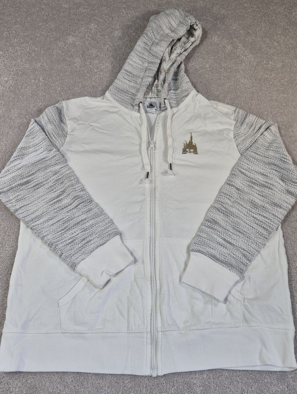 Disney Parks Jacket Women's XL White Gold Knit Sleeves Full Zip Mickey Mouse